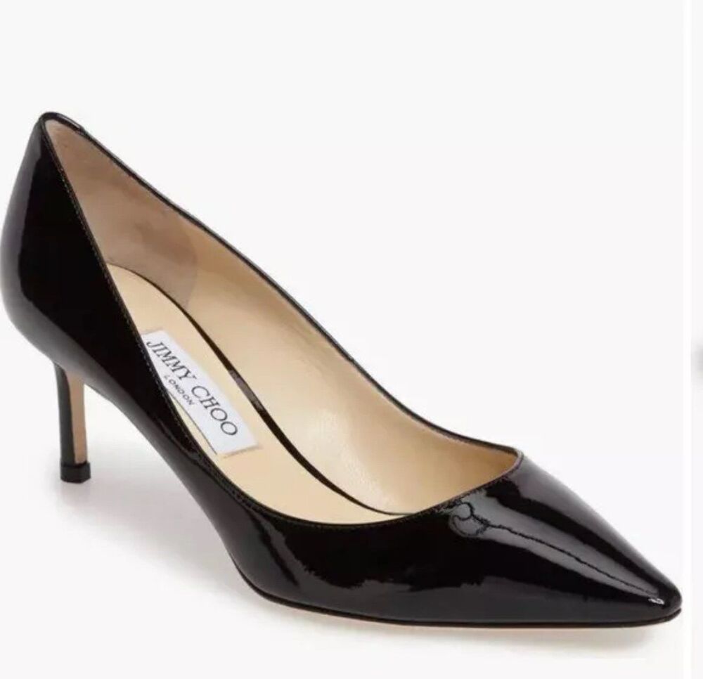 Jimmy Choo Black Patent Pointed Toe Kitten Heel Pumps